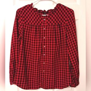 Talbots Feminine Detail Button Blouse Cotton Red &‎ Black Checked Herringbone LP